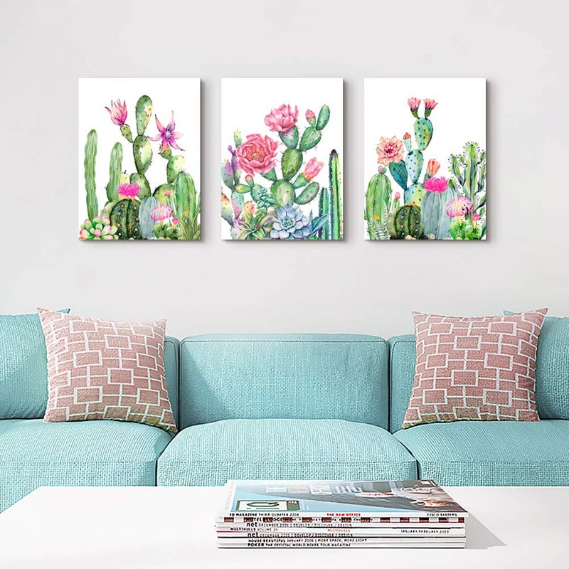 TTHYUEWS Canvas Wall Art for living room bathroom Wall Decor for bedroom kitchen artwork Canvas Prints green cactus flowers painting 12" x 16" 3 Pieces Modern framed office Home decorations family picture - Image 5